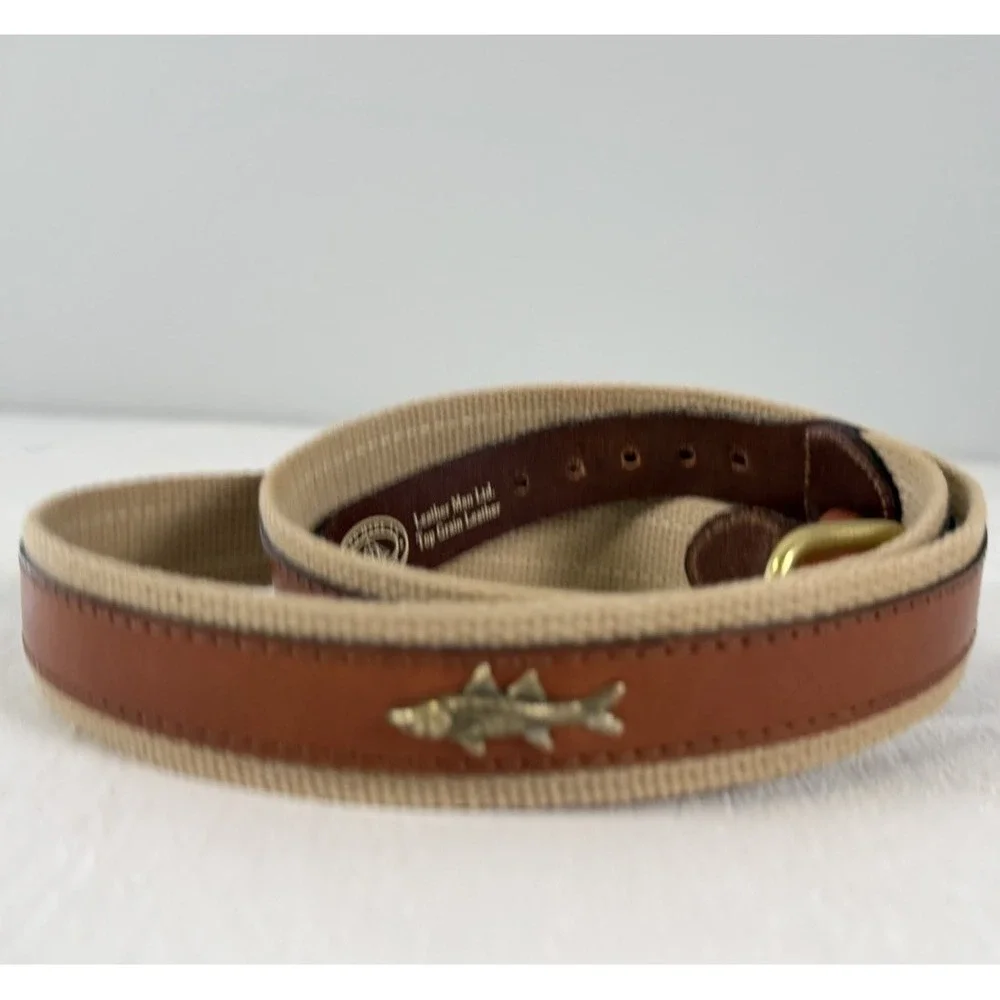 Leather Man Ltd. Leather & Canvas Belt Brown Tabs Brass FISH coastal Size 42